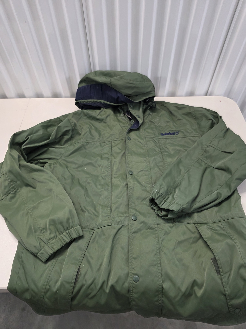 Vintage Timberland Weathergear Olive Green Blue Hooded Rain Jacket Coat Men's Si